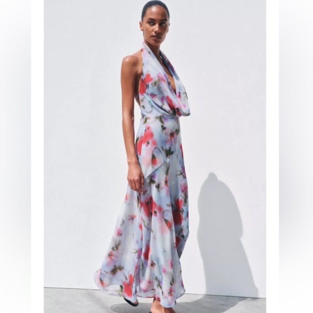 Zara White Floral Backless Halter Maxi Dress - Picture 2 of 7